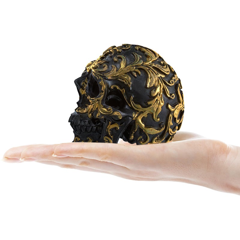 READAEER Small Size Human Skull Resin Statue Head Sculptures Skull Collectible Figurines (Black & Golden) - Image 2